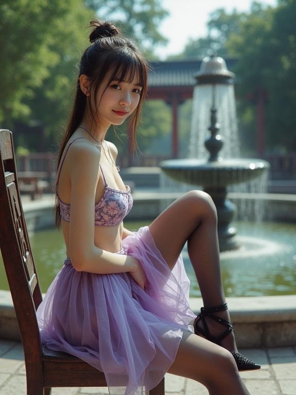 Petite girl in feudal garden sits on a chair. Fountain in background. Wears a light purple sheer mini skirt and wired foam bra. Black stockings and high heels. Tied wet hair. Glossy blue eyes. Smiling softly at the camera. Frame focuses on her leg. Grungy analog feel with overexposed look and film grain.