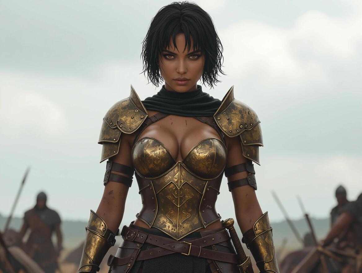 Hyper-realistic portrait of a female warrior inspired by Berserk. Character dressed in a revealing medieval armor made of worn bronze and leather. Short black hair and fierce expression. Dramatic battlefield setting under a cloudy sky. Holding a sword. High detail.