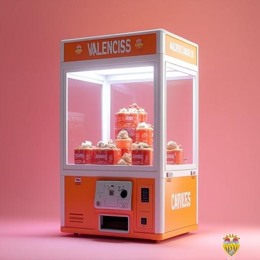 Realistic product advertisement featuring a claw machine themed with Valencia CF visual identity. Machine matches brand colors and fonts. Iconic products inside machine. Claw grabbing product in center. Product visible in drop chute. Brand name on top. Slogan 'Patir, Patir i Patir'. Brand logo at bottom right. Vibrant studio lighting and pastel background. Clean composition with realistic textures and shadows.