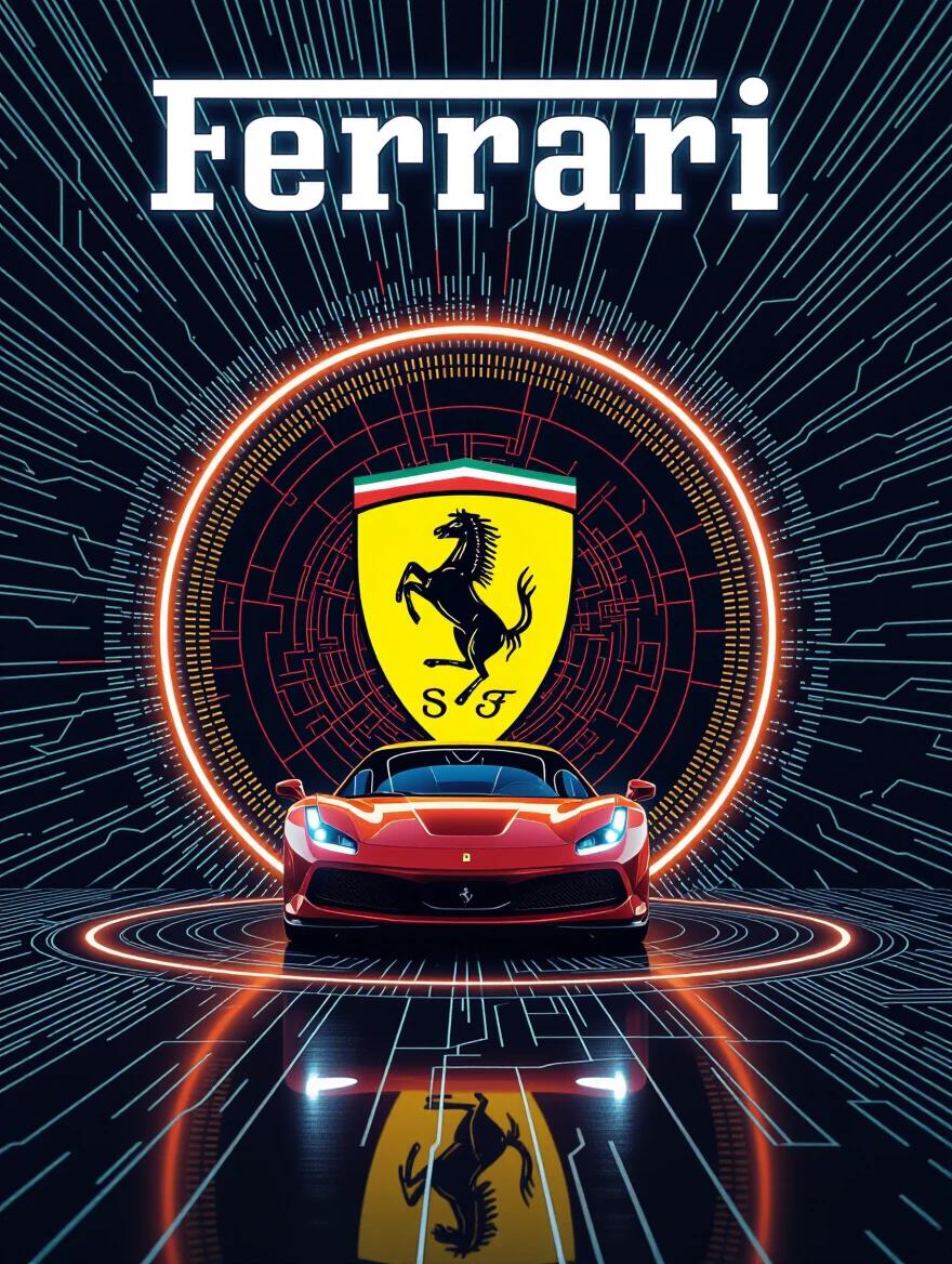 Poster design featuring a Ferrari car. Logo glows from within with concentric circles. Background showcases circuit board patterns. High-tech sci-fi aesthetic emphasizes illuminated details.