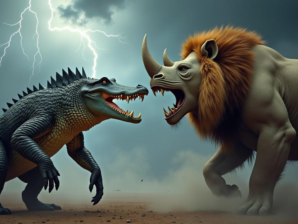 Create an intense scene featuring a crocodile and a lion positioned face to face, both exhibiting fierce expressions. The crocodile should have a majestic mane, while the lion shows its powerful presence. The atmosphere should be dramatic with a stormy background filled with dark clouds and flashes of lightning, amplifying the confrontation's intensity. Additionally, depict a second image that combines the features of a lion and a rhinoceros into a monstrous hybrid. This creature should embody a fearsome appearance, enhanced by a similarly stormy background to match its fierce expression, creating an overall terrifying vibe.