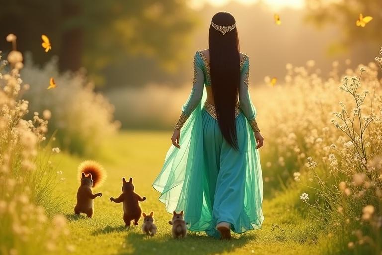 A magical grassland scene with an Arabian princess in turquoise dress walking through a meadow. She is followed by golden-brown squirrels. The princess has long flowing black hair and wears a jeweled headpiece. The atmosphere is enchanting and filled with butterflies and wildflowers.