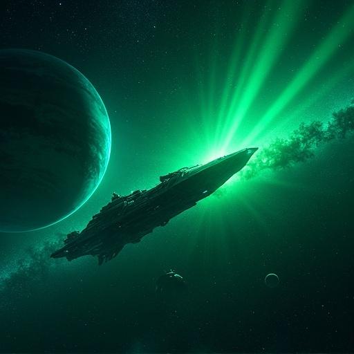 Wide shot of the Ark ship approaching the Zeta star system. The sleek ship glides through space. Vibrant green planet Xylos glows against the deep indigo sky. Brighter stars twinkle, evoking awe and hope. Realistic cosmic scenery captivates viewers.