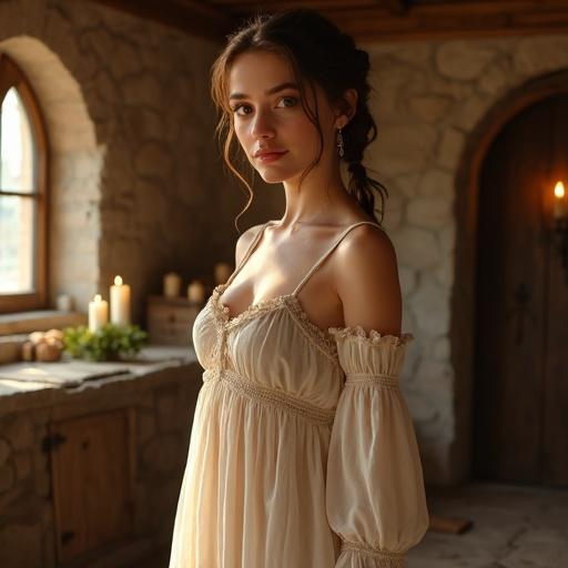 A graceful 25-year-old woman in a medieval fantasy setting is depicted. She has a curvy figure with a notably large yet elegant bust and a slim waist. Her hair is chestnut brown, loosely braided or in a relaxed bun. The woman wears a modest nightgown in pale earthy tones with delicate embroidery. The background is a rustic stone cottage, softly illuminated by warm candlelight. She stands or sits comfortably, radiating calm confidence. The overall atmosphere is serene and peaceful.