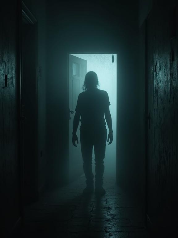 Dark room with eerie atmosphere. A person is positioned in silhouette at the end of a narrow hallway. Backlight creates a haunting effect. Depicts pure terror. Animated style enhances the suspenseful feel. Shadows and fog add to the overall chilling experience.