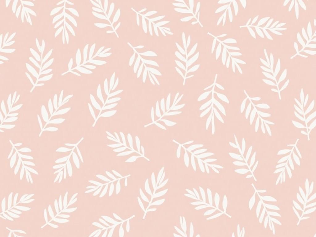 This image showcases a repeated pattern on a bedsheet, featuring white leaves on a soft pink background. The leaves are designed in various sizes and shapes, creating a harmonious layout. The pattern is repeated four times along the length and four times across the width of the fabric, resulting in a uniform and pleasing aesthetic. The gentle pink color adds a calming effect, suitable for a bedroom setting. The overall design evokes a sense of tranquility and nature, making it perfect for home decor.