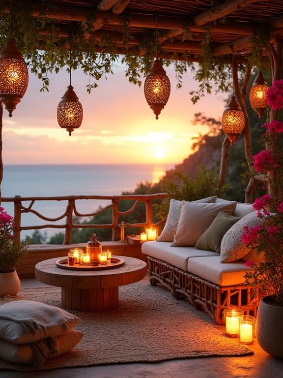 Cozy coastal seating area at sunset with rustic and bohemian design elements. Elevated terrace overlooks the sea. Warm golden light. Vibrant plants, warm ambiance from lanterns and candles. Soft cushions and wooden furniture.
