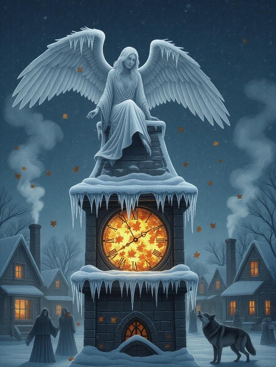 Frozen angel perched on clock tower with icicle feathers. Below, village in perpetual midnight with smoke from chimneys. Spectral villagers frozen in amber ice. Angel's breath forms moths that reveal autumn leaves burning. Lone wolf howls caught in snowflake.