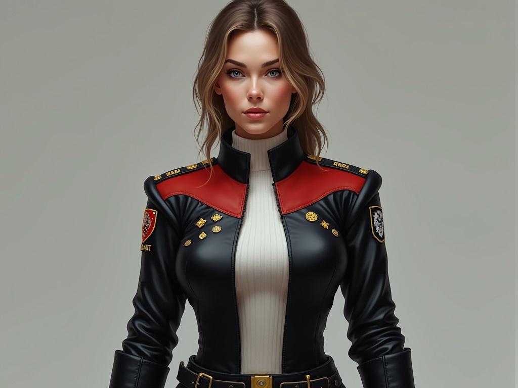 Create a realistic image of a 35-year-old woman with tall and athletic body proportions. She has sandy brown hair with darker eyebrows and blue-green eyes. Her lips are not overly full and her appearance is more grounded than that of a supermodel. She is wearing a sci-fi military uniform, made from a tough synthetic black fabric, featuring a prominent red stripe that separates the padded shoulders from the chest and back. The jacket is layered over a white knit shirt with a flat collar, and the pants match the uniform without being a bodysuit. The jacket has round patches on both shoulders, with the left shoulder patch displaying a white sword over a gold shield on a red background, while the right patch features a three-headed gray wolf over a gold shield on a black background. Additionally, her left breast has four small gold diamonds indicating her rank as Captain, and her right has a comm-badge shaped like a small gold shield. A belt with a secondary band on her hip holds a gold-hilted dagger in a black scabbard.