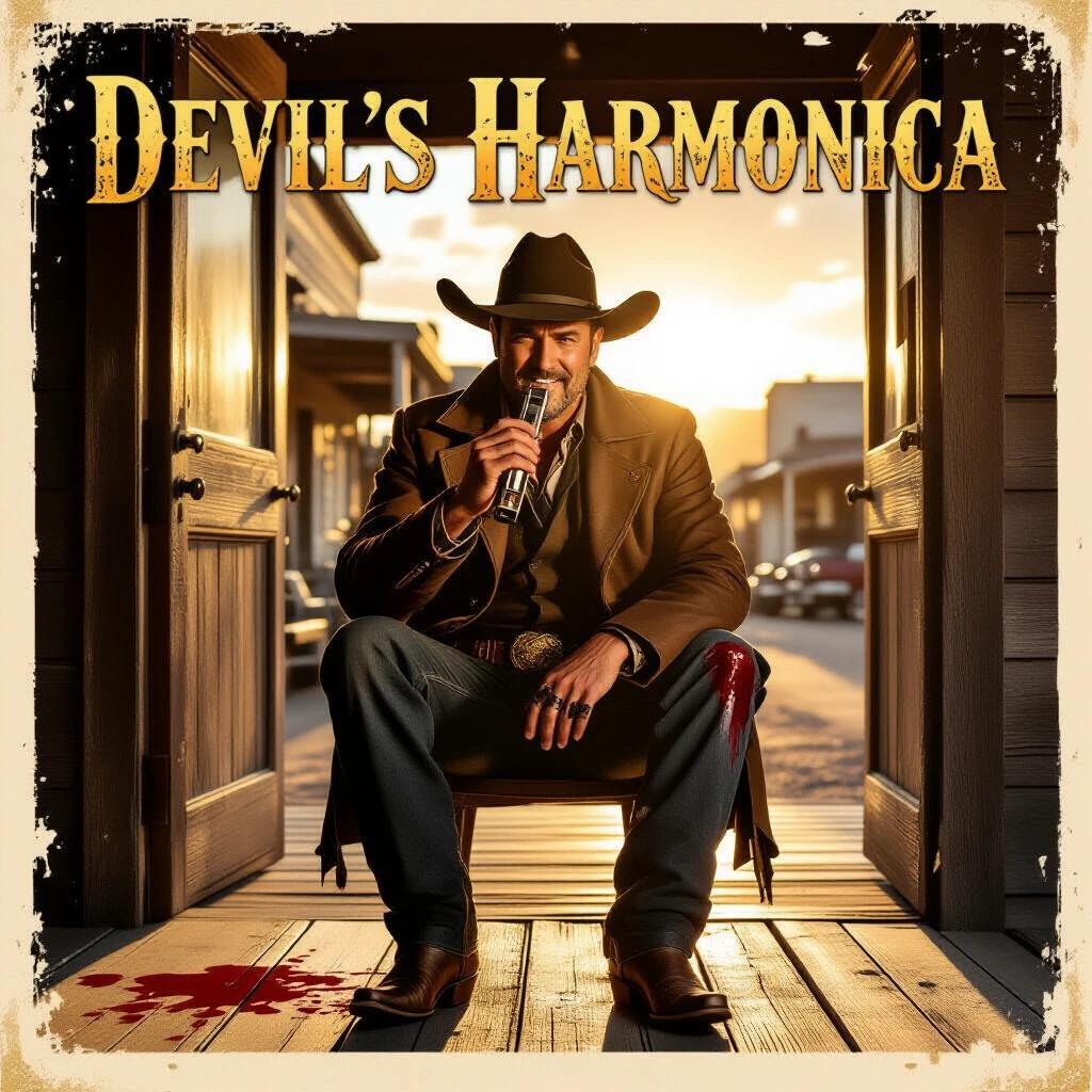Movie poster for DEVIL’S HARMONICA. Title featured in burnt brass western-style font. Actor pictured in doorway with harmonica and blood on boots. Low sunlight in background. Dark barroom inside. High-grain quality reminiscent of spaghetti westerns.