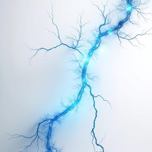 Electric current glows in blue color. Background is white. Abstract pattern resembles branches or veins. Light emanates from electric paths.