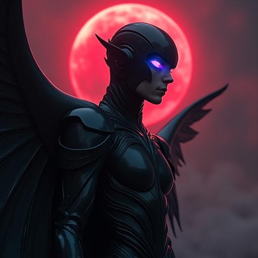 A surreal portrait of a dark angelic being. The being has smooth black armor and wing-like extensions. The face is calm with glowing violet eyes. He is floating in space with a crimson eclipse. The lighting is cinematic with detailed textures.