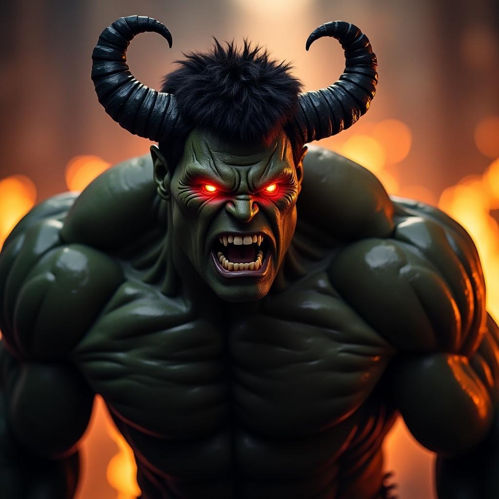 Black hulk with demonic horns and fiery eyes in dramatic lighting. Strong muscular build with intense expression. Fantasy character illustration.