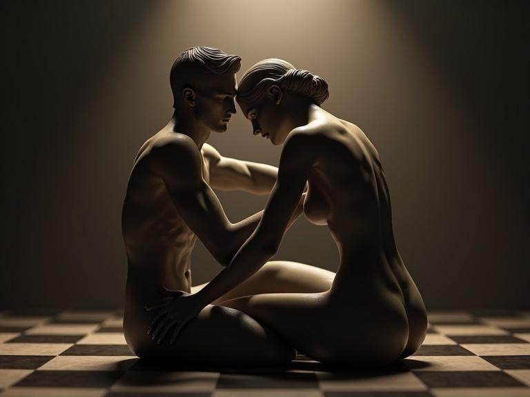 Two chess pieces are represented as erotic male and female statues. The male figure's head leans into the female figure's body. The image uses chiaroscuro lighting highlighting their forms and emotions. Dramatic background with a checkerboard pattern.