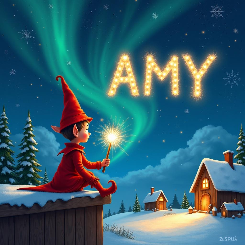 An elf writes the name AMY in sparkling letters against a starry night sky. The elf sits on a ledge gazing at the sky. Dressed in red, holding a glowing wand, with charming snowy houses below.