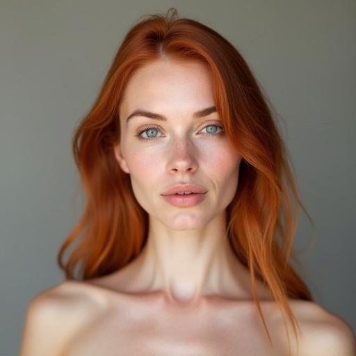 Photorealistic portrait of a woman with red hair centered in the frame. She faces forward with her entire head and chest visible. Natural red hair styled neatly. Soft lighting enhances skin texture. Neutral background focuses on the subject. Elegant and respectful aesthetic. High resolution.