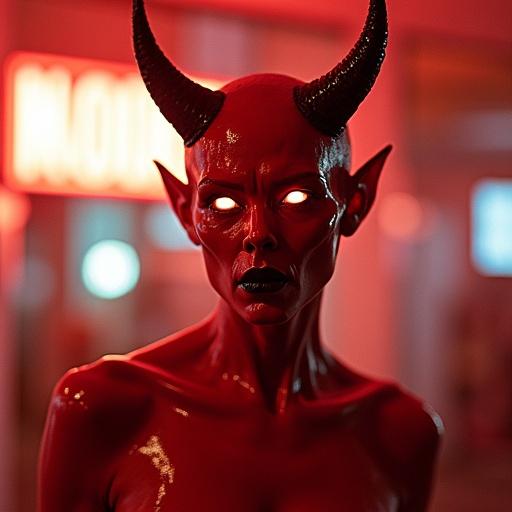 Photorealistic analog snapshot of a striking figure with red skin, horns, and glowing red eyes. Figure resembles traditional portrayal of the Devil or a demon. Captured on Kodak M35 with Fuji Superia 200. Warm film colors, chrome pump details. Slight blur and halation on signs. Flash photo. Color primarily pink/red hues with stark white and black. Sharp shadows, shiny reflective surfaces. Shallow depth of field, noticeable film grain, or digital noise. Inspired by Dior and Petra Collins. Add motion, focus on vibe like a film.