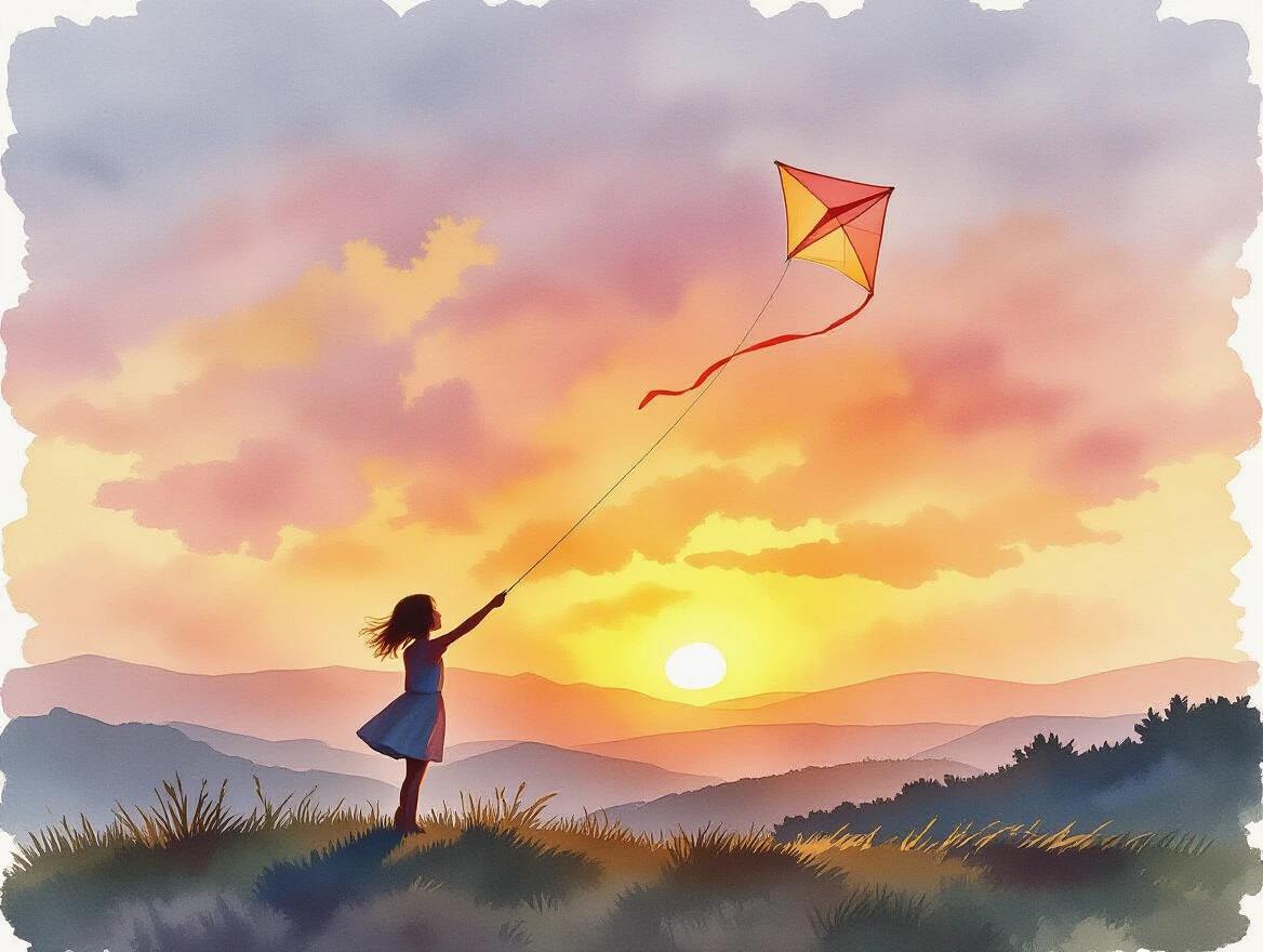 Watercolor painting depicts girl flying a kite on a hill at sunset. Colorful sky with hues of pink and orange. Girl stands with arms raised. Kite is red and yellow. Landscape includes hills and a glowing sun.