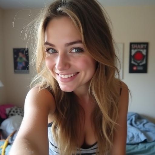 Young woman taking a selfie in her bedroom. She is smiling casually with minimal makeup. The photo has soft natural light coming from a window. Background shows personal items like posters and a bed.