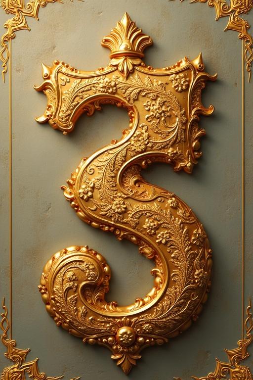 Richly embellished golden numeral adorned with intricate designs. Set against a plain background emphasizing textures and details.
