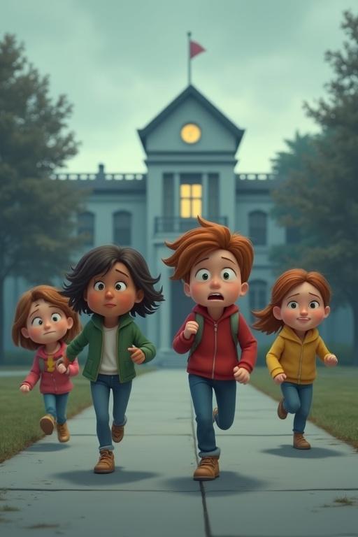Cartoon children are running away from a dull school building. They have bored expressions. The sky is overcast. The colors are muted. The style is 3D animation.