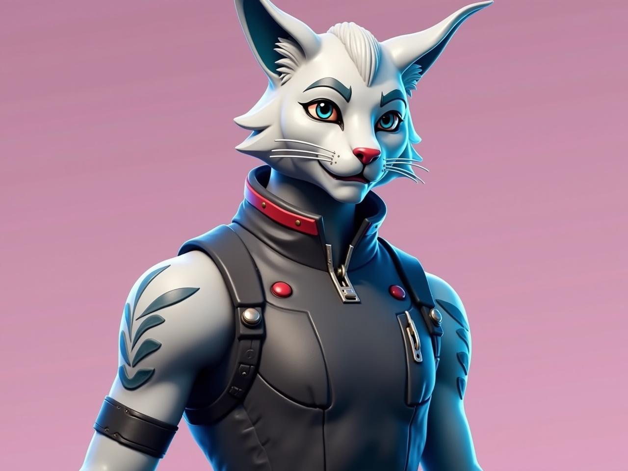 This image features a stylized cat character inspired by video games, particularly Fortnite. The character has a sleek, muscular build with anthropomorphic features, including pointed ears and whiskers. The color palette includes shades of blue and gray, with a striking pink background that enhances the character's vivid appearance. The attire is modern and edgy, designed to appeal to gamers. This character is part of a popular gaming universe where unique skins are a key attraction for players.