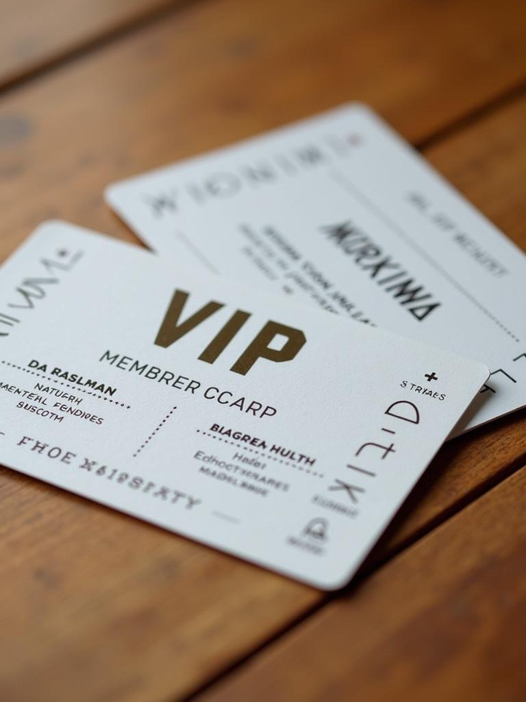 Close-up image of two VIP membership cards on a wooden surface. Each card shows a name and identification code. The front card features VIP branding. Modern design with distinct text styles. All text is in English.