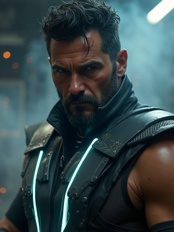 Hyper-realistic cinematic portrait of a warrior in futuristic ninja armor. Expression is intense and calculating with glowing silver eyes through smoke. Dark tousled hair with ash streaks. Rugged face with scars and stubble. Black armor with glowing pulse lines. Smoke curls around silhouette. Gloved hands hold a weapon. Moody industrial background with sparks. Ultra-detailed, IMAX quality, powerful tone.