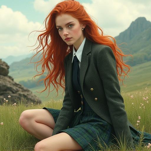 A woman sits in a Scottish landscape. She wears a tweed blazer and kilt with a white shirt. Ginger wavy hair flows in the wind. The setting features green meadows and rocky formations under a cloudy sky. Her green eyes look at the viewer. The atmosphere evokes romantic melancholy with a depth of field effect.