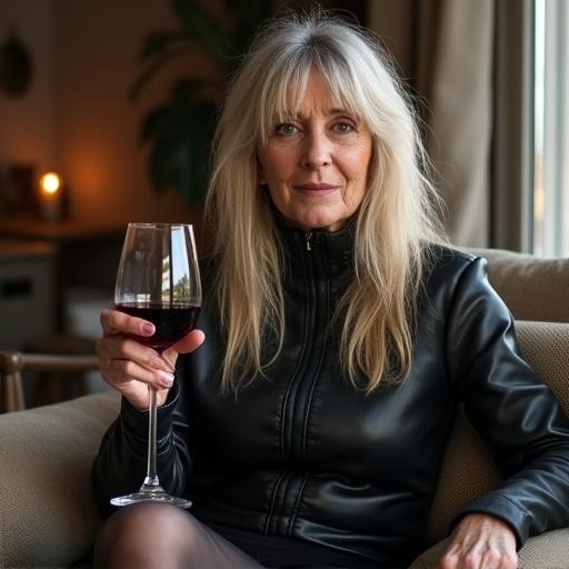 Full-body photorealistic image of a middle-aged Scandinavian woman with long messy blonde hair and uneven bangs. She wears heavy dramatic makeup, a plain black leather dress, thick tights, and scuffed ankle boots. Sitting on a sofa in a cozy room, she confidently holds a crystal wine glass filled with red wine.