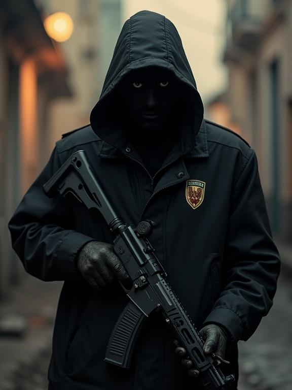 Photorealistic image of a hostile figure representing gangs in Latin America. The figure is wearing a dark suit with a hood and holding a weapon in a dimly lit urban environment. Themes of danger and tension evident.