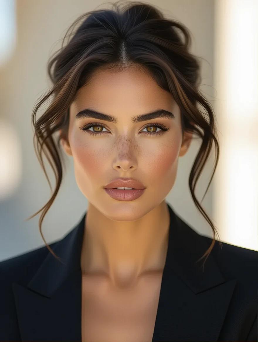 Portrait of a confident woman with olive skin and intense amber-brown eyes. She has sculpted eyebrows and subtle freckles. Dark hair is tousled, framing her face. Wearing a fitted dark blazer with a deep neckline. Soft, golden lighting highlights her cheekbones. The background is out of focus.