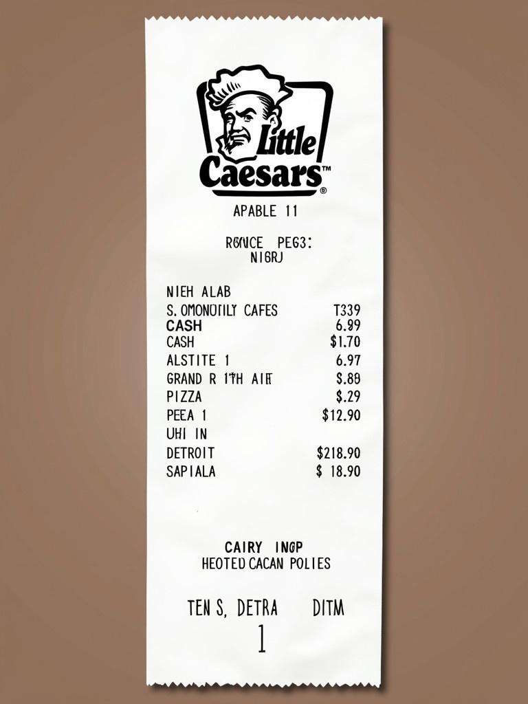 Receipt from Little Caesars restaurant. Located in Detroit. Cash payment reflected. Shows pizza order and subtotal. Dated 12/28/2024. Includes tax breakdown.