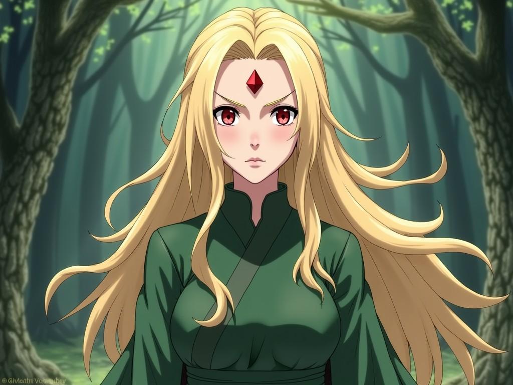 This digital artwork features an anime character with long blond hair and a striking red marking on their forehead, standing confidently in a lush forest. The character wears a deep green outfit that blends with the natural backdrop of towering trees and dappled sunlight filtering through the leaves.