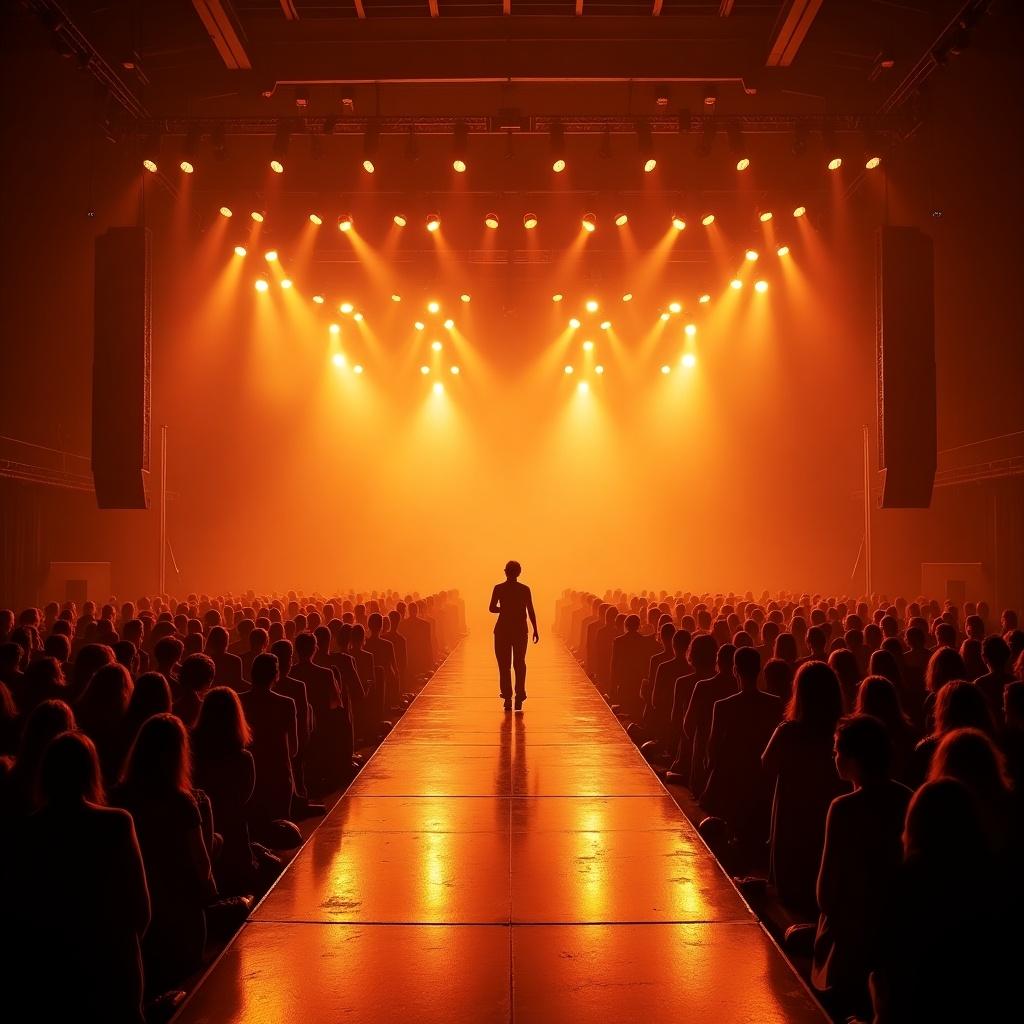 Big stage features a catwalk in an 80s disco theme. The album showcased is Afterparty. Color tones are primarily orange and brown. Stage is set for a performer with a silhouette against bright lighting.