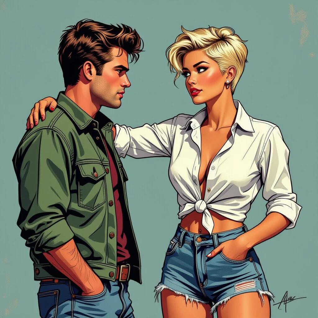 Comic-strip style art created with contour lines and photorealistic colors. The image showcases a confident straw-blonde woman with a punk hairstyle, wearing a knotted white shirt and ripped denim shorts. She stands in front of a man, placing one hand on his shoulder, looking at him challengingly. In the background, there is an off-road motorcycle. The artwork has an overall vibrant and playful aesthetic.