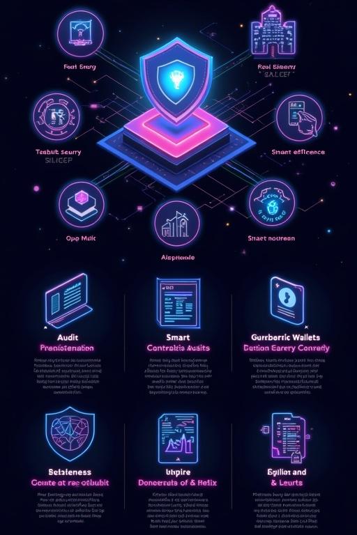 Infographic displays security-related concepts with icons. Themes include energy efficiency smart contract audits multi-signature wallets. Dark background enhances the high-tech feel with neon outlines. Consistent design throughout the infographic.