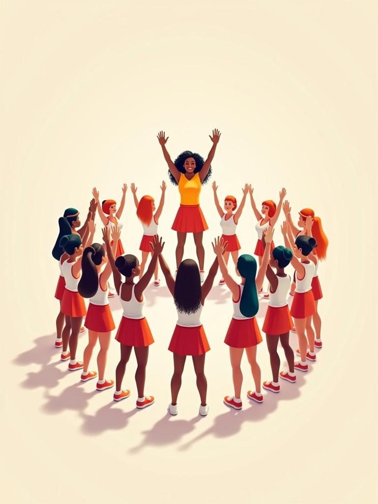 Design of cheerleading formation with 20 people. The center cheerleader stands out with hands raised. Other cheerleaders form a circle with arms raised. Outfits include skirts and sporty tops. Diverse skin tones add representation. Soft background enhances focus on the group.