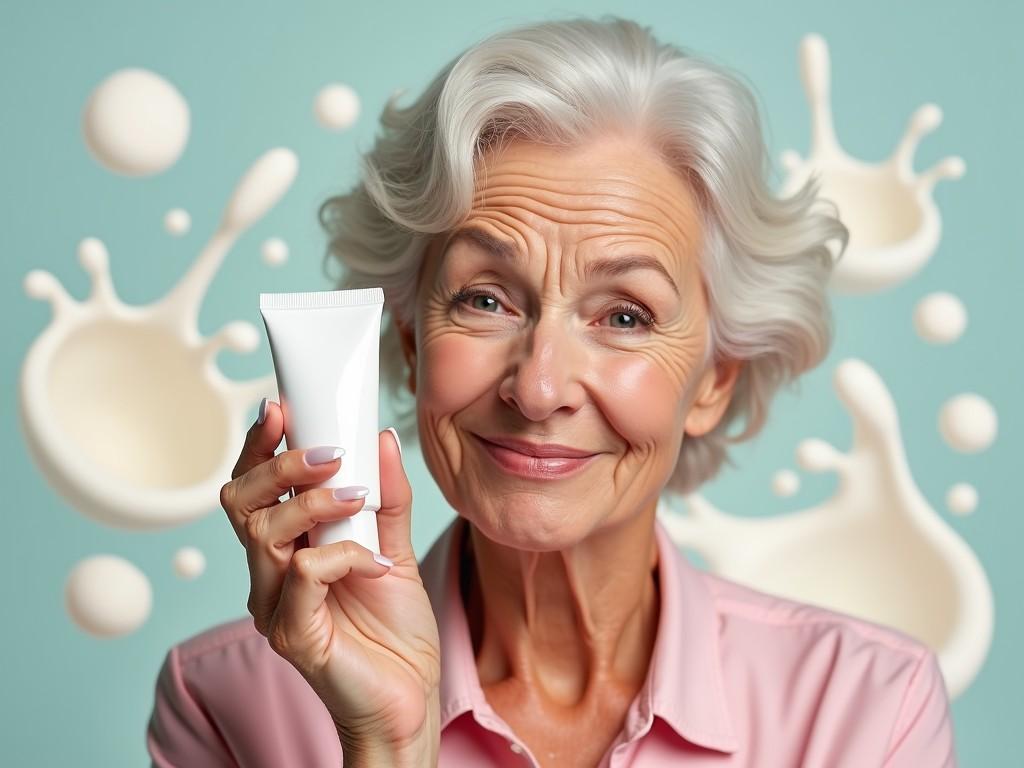 A smiling woman with gray hair holds a skincare product in a tube.