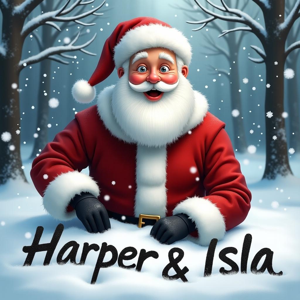 Realistic depiction of Santa Claus in the snow writing the name Harper and Isla. Santa in a full red outfit with a white beard. Playful expression. Surrounded by snowy trees and falling snowflakes.