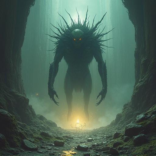 Deep forest scene. Creature hovers ominously over a shattered alien altar. Highly detailed scene. Atmosphere thick with mystery and dread.