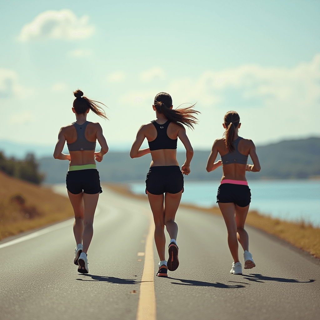 Three women run together on an open road surrounded by nature.