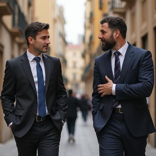 Dos personas hablando en una calle de Alicante. Dos hombres con trajes formales. Calle con edificios urbanos. Conversación casual en ambiente profesional.