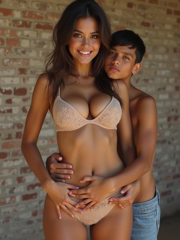 A beautiful woman in lingerie stands with a shirtless boy hugging her waist. The setting has a brick background. The composition shows a low-resolution aesthetic with bright colors and a casual atmosphere.