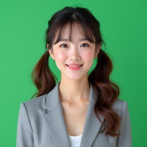 High-resolution photo of a young Asian woman against a green background. She has long brown hair in two loose ponytails. Wearing a grey business suit. Natural expression with a smile. Fresh and elegant makeup. Focus on the upper body and natural skin tone. Clearly showing confidence as if she is a TV host.
