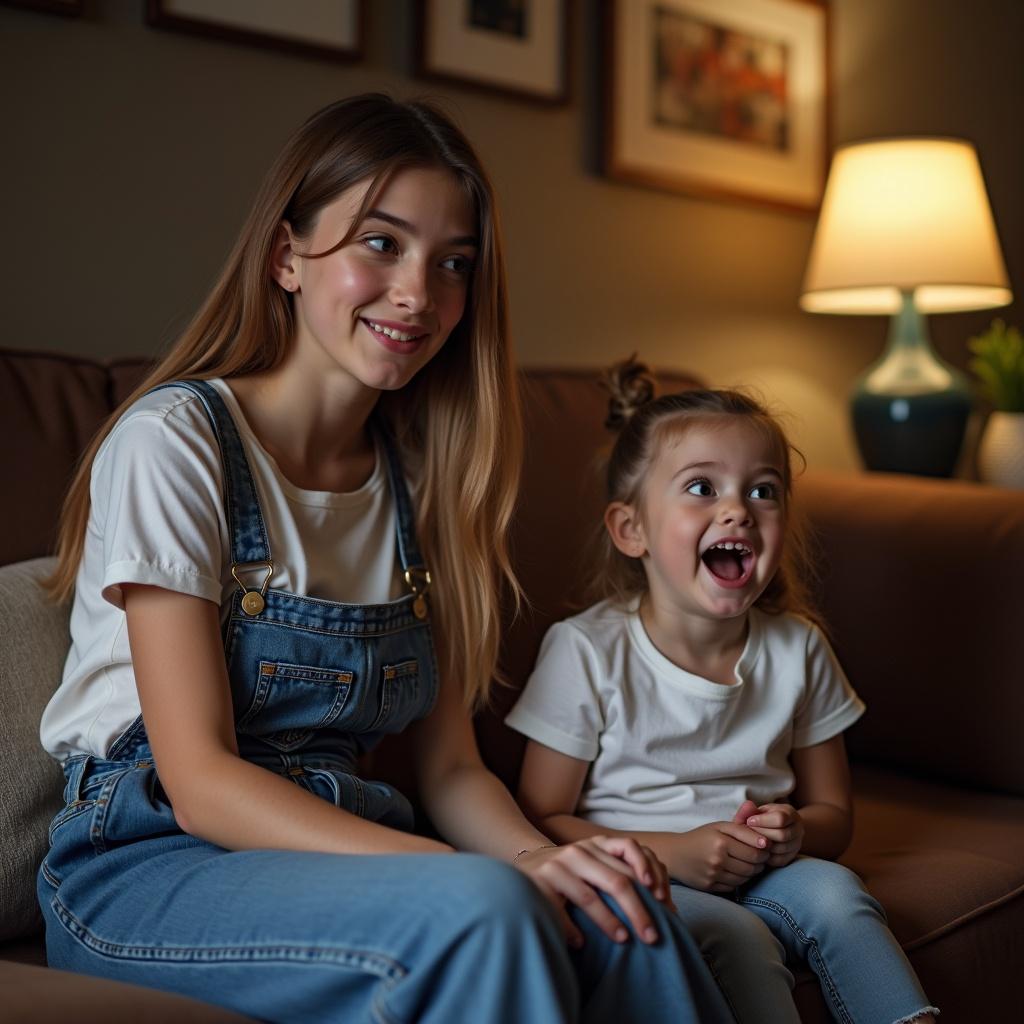 Mother and daughter sitting together. They are watching TV in a cozy living room. Mother is wearing a denim skirt. Daughter is relaxed next to her.