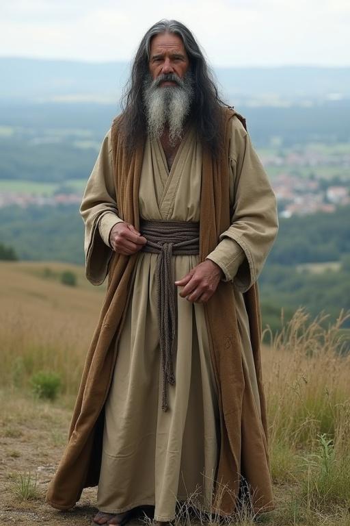 An old ascetic priest with long grey black hair dressed in a natural-colored ceremonial robe stands on a hill. The background showcases a beautiful southern France landscape. The figure appears stern yet wise, conveying a sense of spirituality and wisdom.