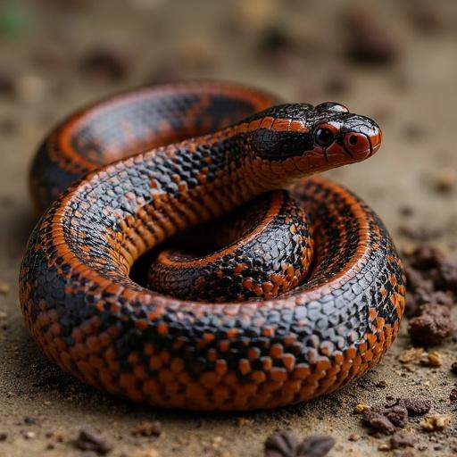 Artwork of the Peloponnese slowworm that shows the intricate details of its copper-brown and glossy black-brown colors. The snake is coiled with a focus on its unique scale patterns. Environment includes soft earth tones that mimic its natural habitat.