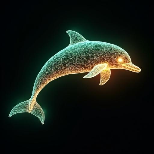 Wire frame style of a dolphin. Low poly design with neon green and neon orange colors. Super realistic appearance.