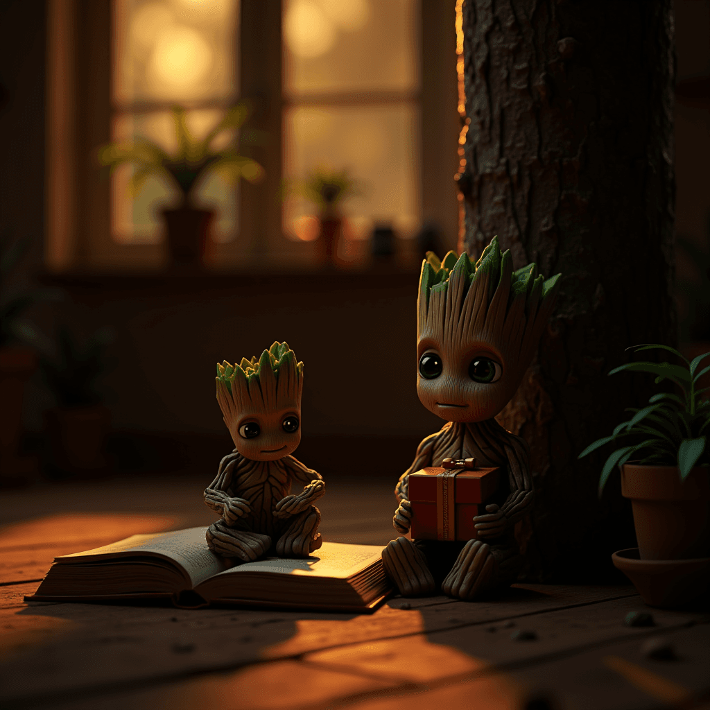 Two cartoon Groot figures are sitting by a tree in a warm, dimly lit room, one holding a gift and the other an open book.